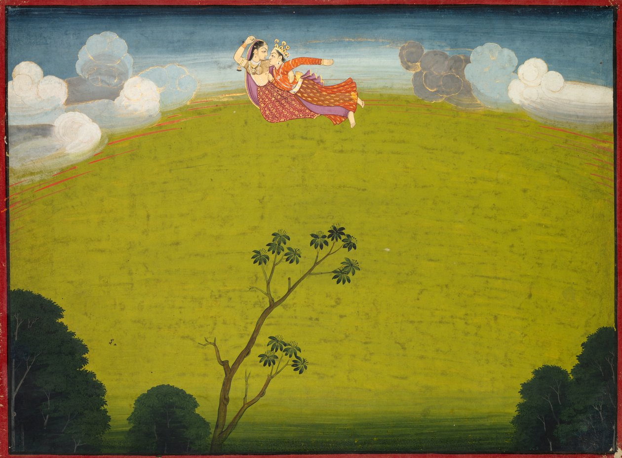Pradyumna و Mayavati يطيران إلى Dwarka ، من Basohli Bhagavata Purana الكبير بواسطة فنان غير معروف
