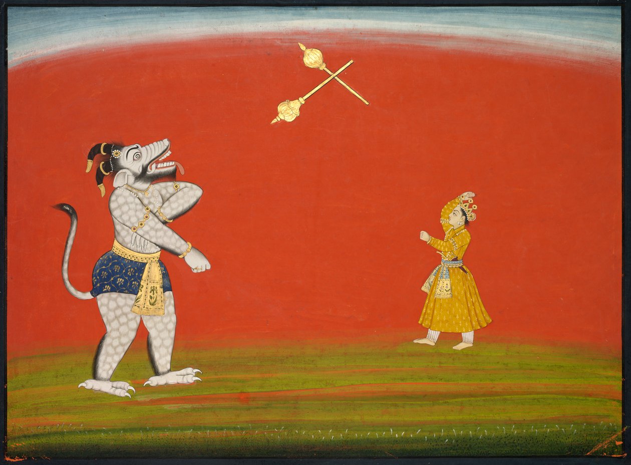 Pradyumna و Samvara يقاتلون مع Max: ورقة من "Basohli Bhagavata Purana الكبيرة" بواسطة فنان غير معروف