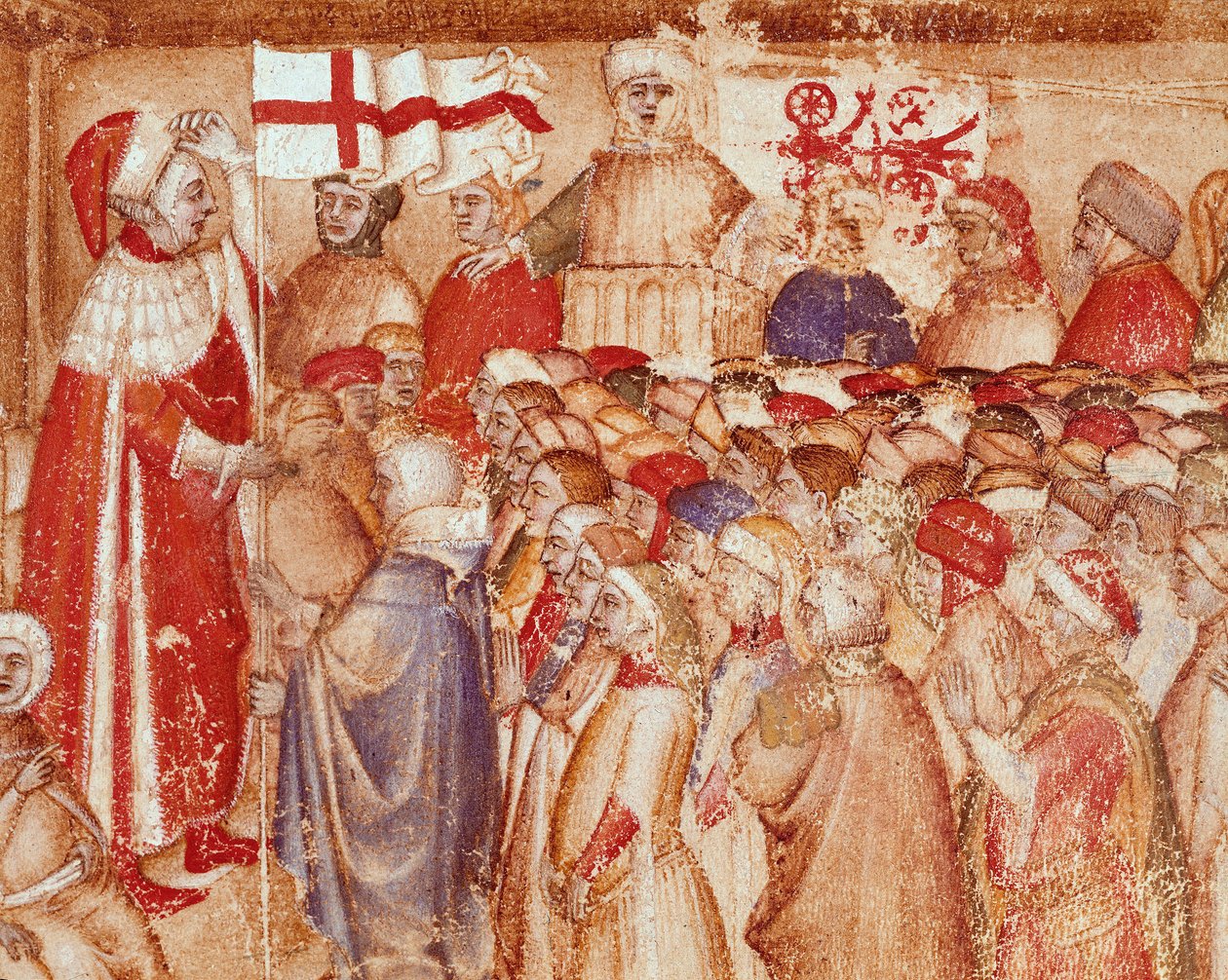 تقديم العلم العسكري لأمير من عائلة كاراريزي ، أمراء مدينة بادوا المصغرة من "Chronica Carrariensibus" (سجلات عائلة Carraresi) في القرن الرابع عشر مكتبة الكابيتولاري ، بادوفا بواسطة فنان غير معروف