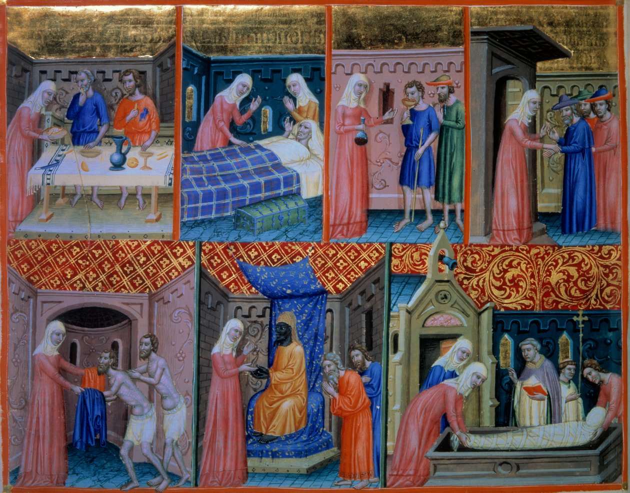 مزمور 88: صدقة. امرأة تخدم مسكينين على الطاولة ، وتزور مريضاً ، وتشرب سجينين ، وترحب بالمسافرين ، وتلبس الثياب ، وتشتري أسرى ، وتدفن ميتاً. صورة مصغرة في "" سفر المزامير من كانتربري "" (ص. ١٥٦ ظ) ، العدد ١٢٠٠ - ١٢٥٠. BN ، بواسطة فنان غير معروف