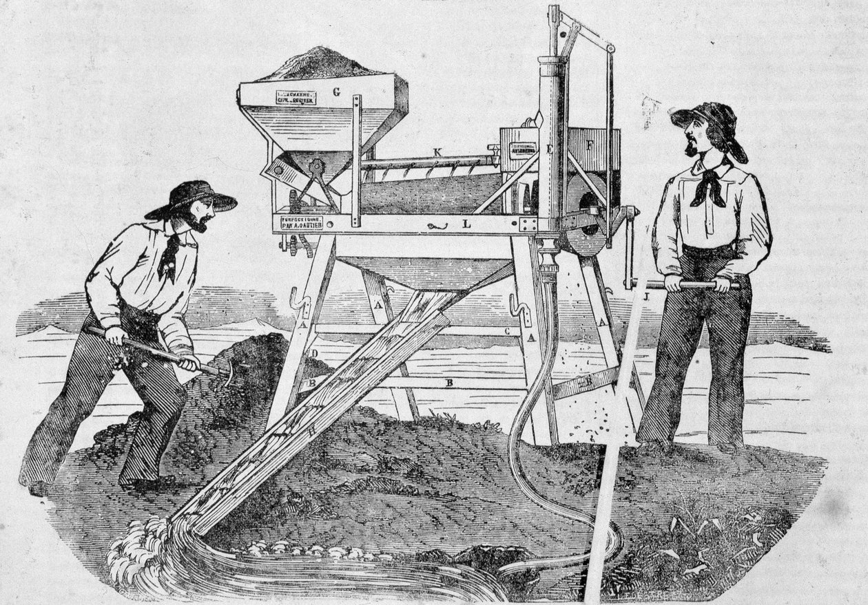 حانة "The Fortune ، Company of the Gold Mines of California": صورة تصور اثنين من عمال التنقيب عن الذهب في الغسالات ومزج الذهب - في "" The Charivari "في 25 حزيران (يونيو) بواسطة فنان غير معروف