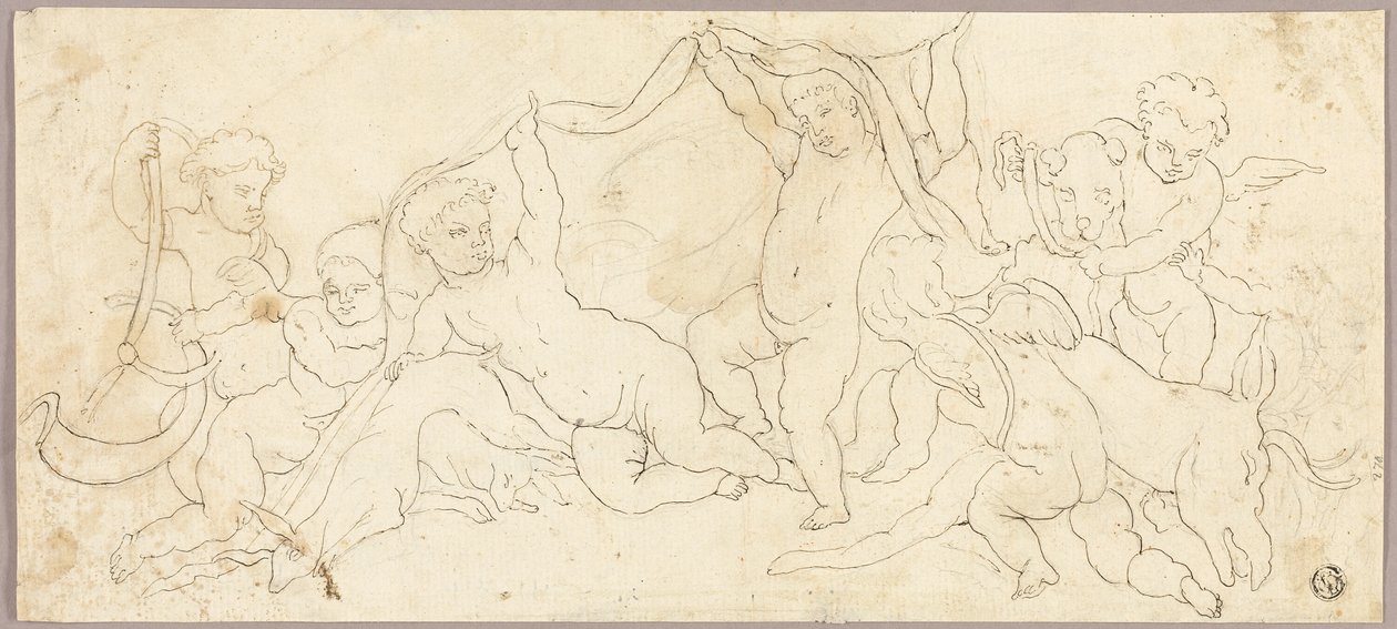 Putti في Play with Deer and Dog بواسطة فنان غير معروف