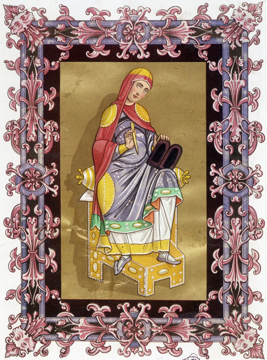 Radegonde (حوالي 520 - 587) ، ملكة فرنسا ، زوجة Clotaire (Clothaire) I. Chromolithography من القرن التاسع عشر على أساس الإضاءة. بواسطة فنان غير معروف