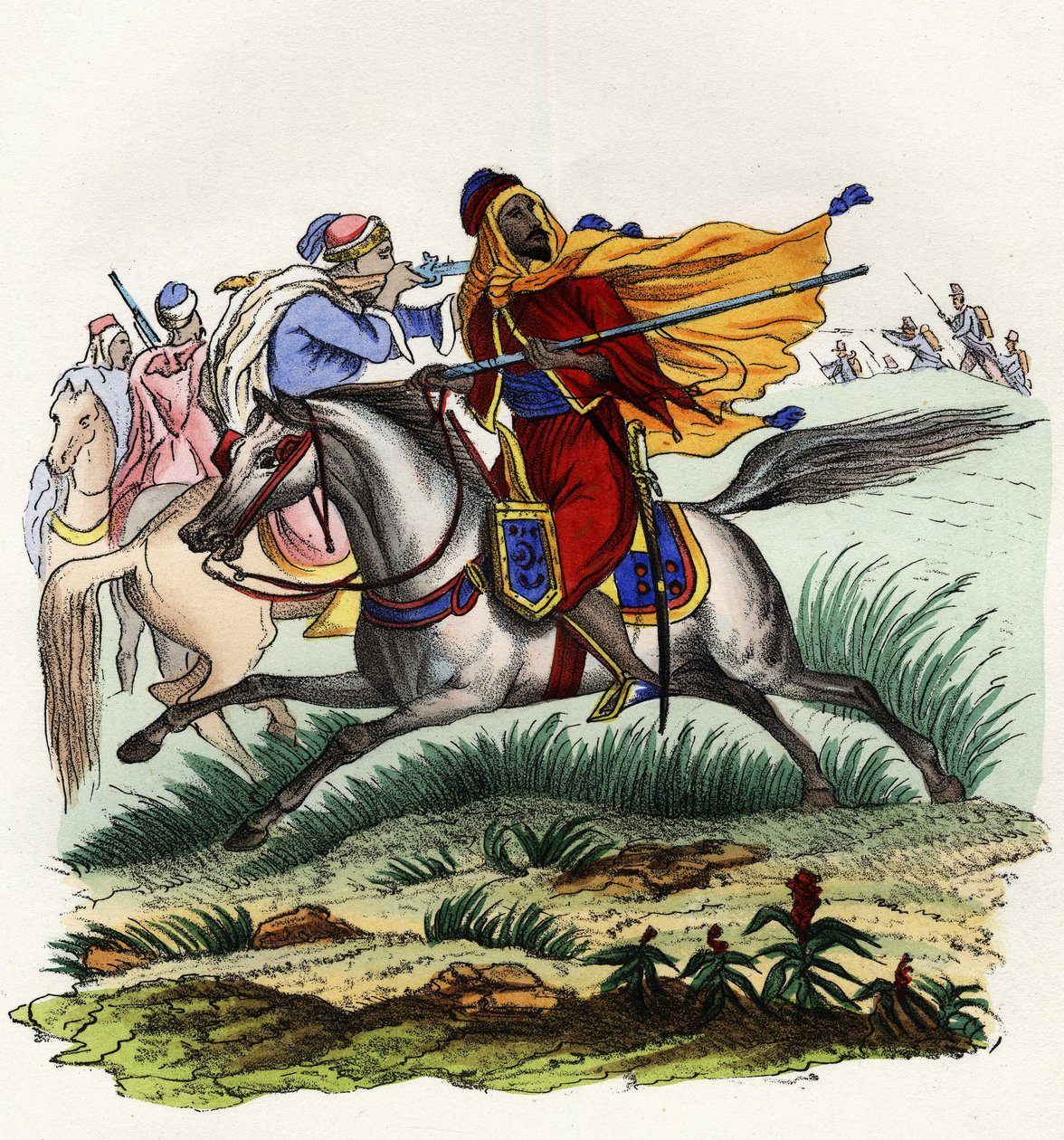 الفرسان الأحمر للأمير عبد القادر يفرون أمام صيادي الجيش الفرنسي الأفريقي في وهران عام 1841. في "" Storia d'Algeri "، ليون غاليبرت ، المجلد الثاني بواسطة فنان غير معروف