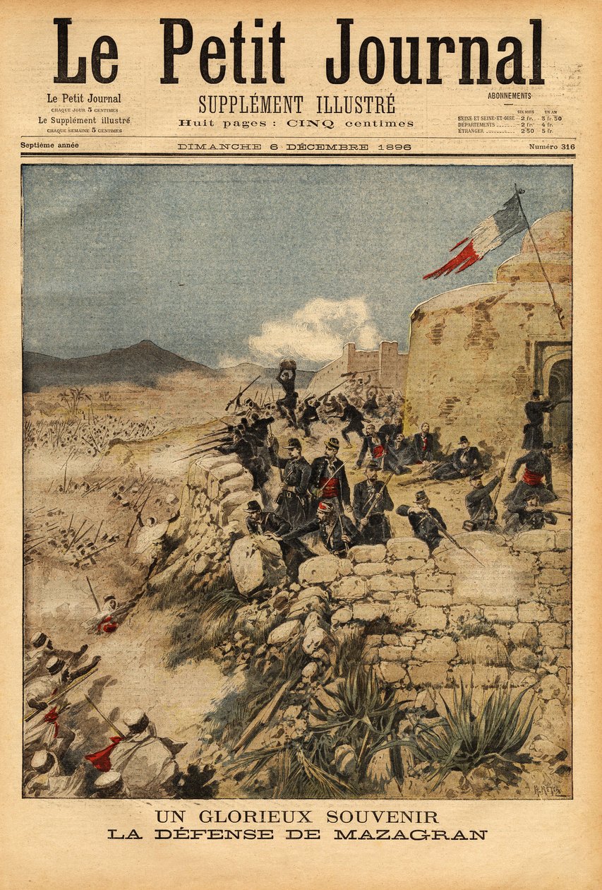 إحياء ذكرى دفاع مزغران ، معركة من 3 إلى 6 فبراير 1840 ، ضد جيش من أكثر من 10000 رجل خاضها عبد القادر ، فازت كتيبة النقيب ليليفر الفرنسية. نقش في "" مجلة Le Petit "" 6/12/1896. مجموعة سيلفا. بواسطة فنان غير معروف