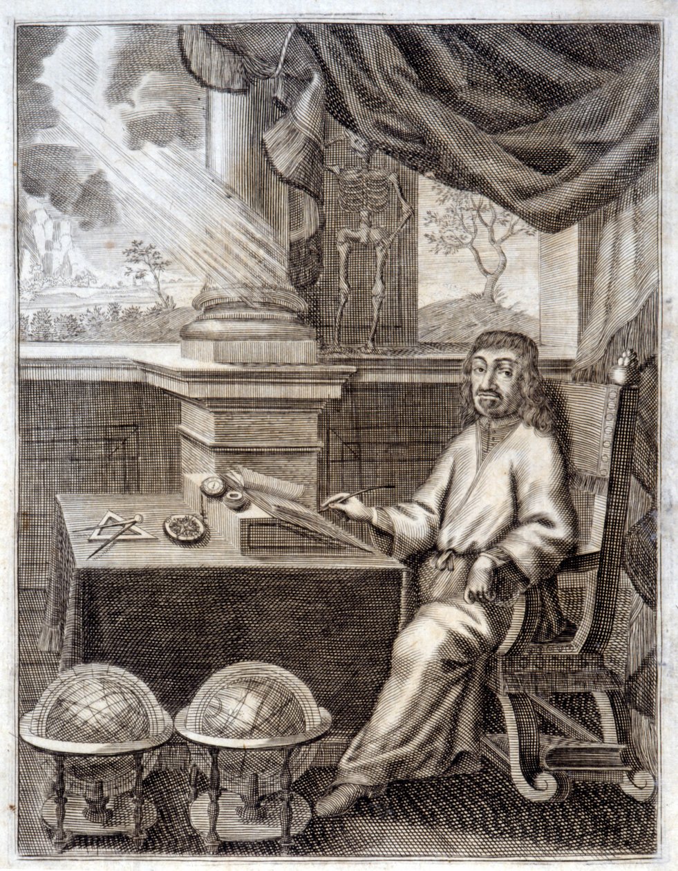 رينيه ديكارت (1596 - 1650) في مكتبه بمعدات علمية. نقش من القرن السابع عشر. بواسطة فنان غير معروف