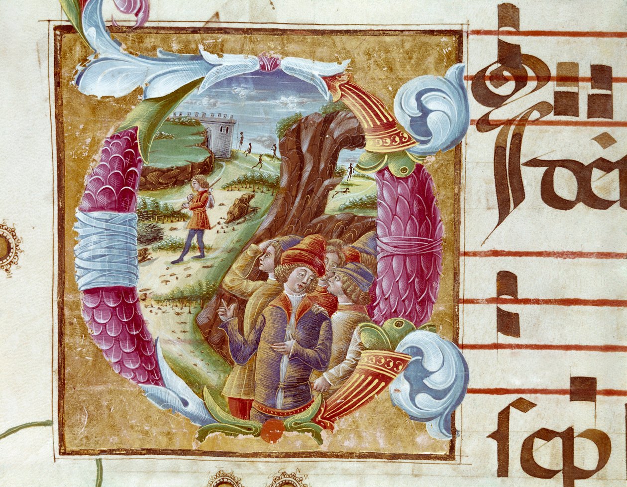 Representation of Joseph and his brothers Detail of a lettrine in an antiphonary (Antiphonarium II) of the 15th century. Cremone, Biblioteca governativa Italy بواسطة فنان غير معروف