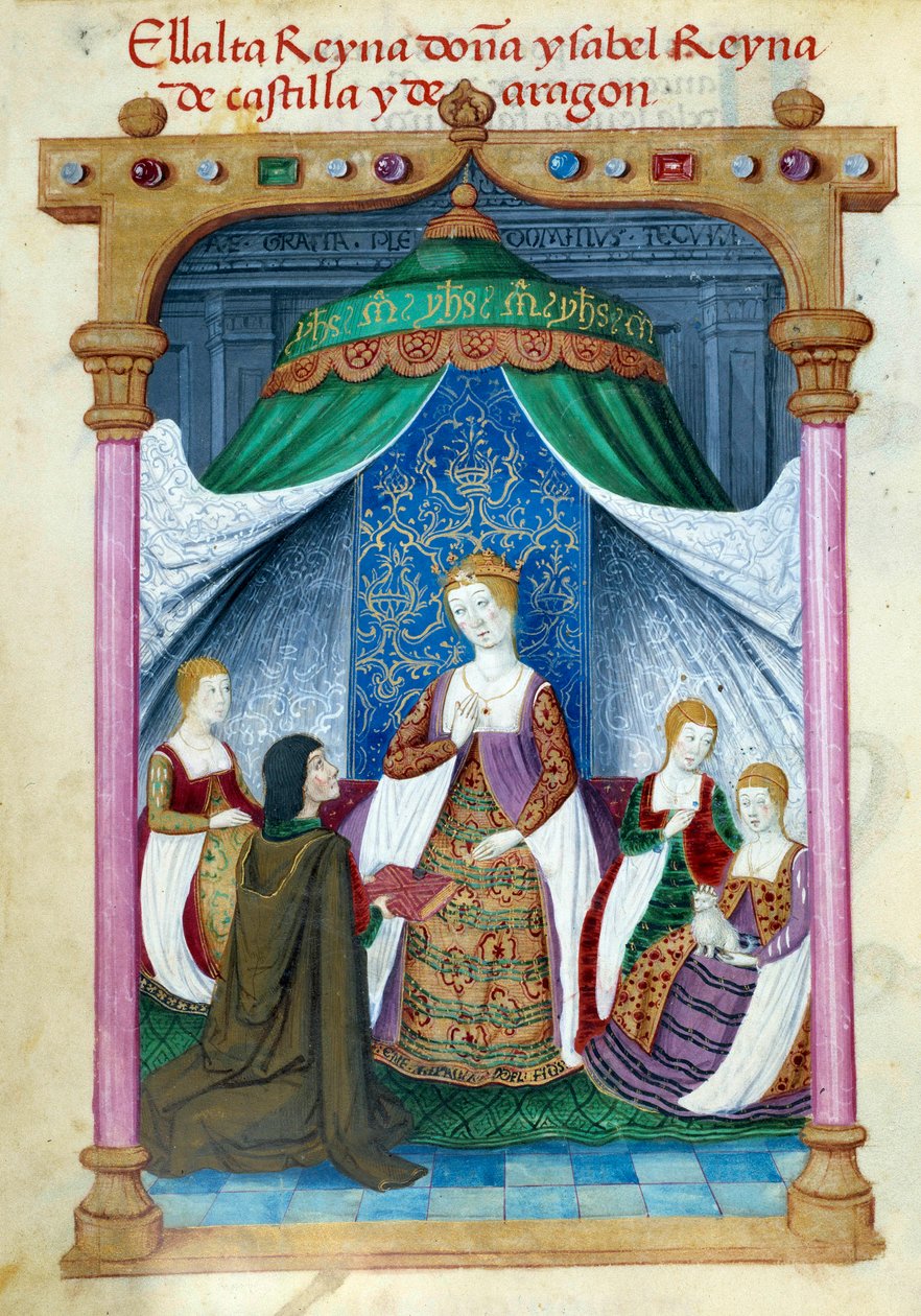 تمثيل للملكة إيزابيلا ملكة البرتغال إيزابيلا ملكة أراغون (1271-1336) محاطة برفاقها وبيدرو ماركويلو الذي يقدم لها كتابها. صفحة مخطوطة مأخوذة من "" مجموعة تفاني الملكة جوان ذا فول (1479-1555) ملكة إسبانيا "" بقلم بواسطة فنان غير معروف