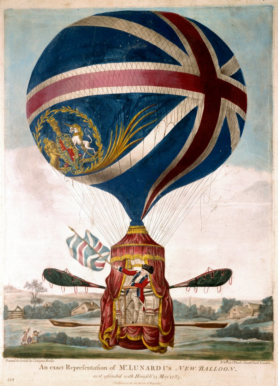 رسم فنشينزو لوناردي بالونًا جديدًا في 13/05/1785 ، كان أول من طار فوق إنجلترا عام 1783. لوحة البطاطة من طراز جاك الاتحاد. نقش حوالي عام 1785. مجموعة خاصة بواسطة فنان غير معروف