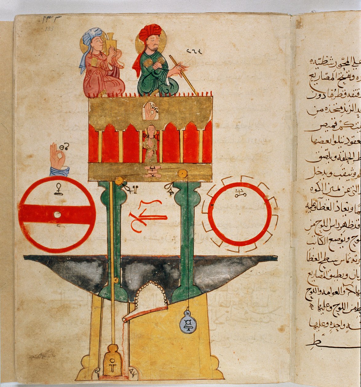 تمثيل لأداة صممها المهندس التركي ابن الرجاج الجزري (الرجاج الجزري) (1136-1206) لقياس كمية الدم اختراع صممه المهندس التركي ابن الرجاج الجزري (الرجاج الجزري) (1136) -1206) حوالي 1203. م بواسطة فنان غير معروف