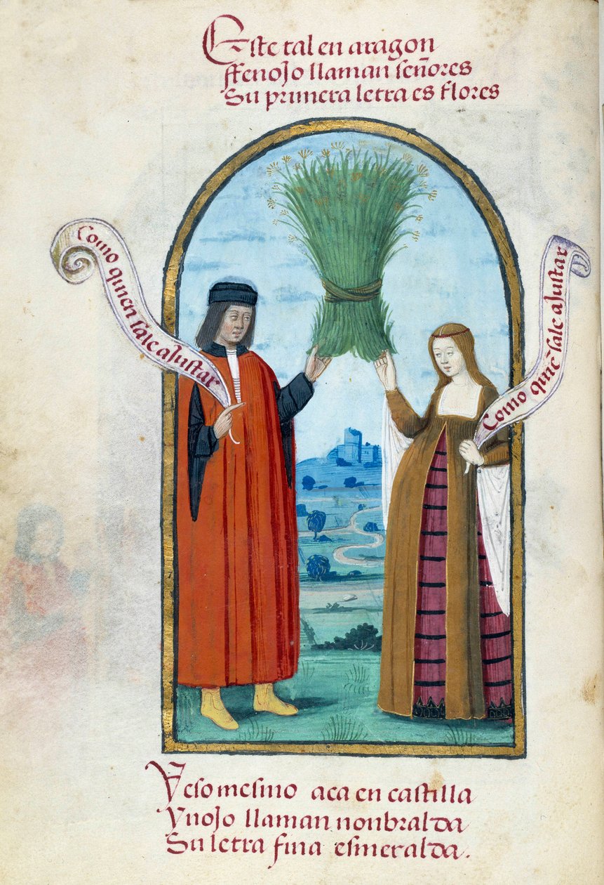 تمثيل للملوك الكاثوليك فرديناند الثاني (1452-1516) وإيزابيلا الأولى من قشتالة (1451-1504) ممسكين بصندوق من الشمر البري. صفحة مخطوطة مأخوذة من "" مجموعة تفاني الملكة جوان ذا فول (1479-1555) ملكة إسبانيا "بقلم بيدرو مارسويلو بواسطة فنان غير معروف