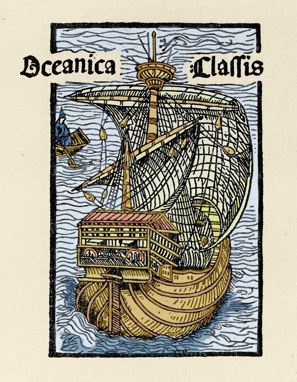 تمثيل كارافيل سانتا ماريا بواسطة كريستوفر كولومبوس (1451-1506). نقش من "De insulis in mare Indico super Inventis" ، بايل 1493-1494 (الترجمة اللاتينية لتقرير كولومبوس إلى ملك إسبانيا). بواسطة فنان غير معروف