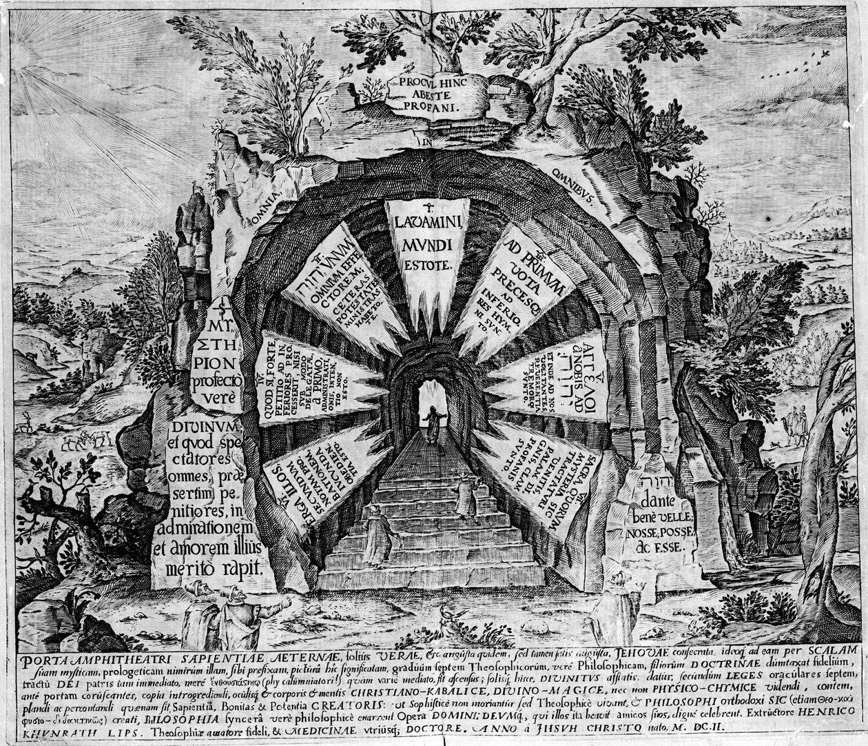 تمثيل لمدخل بيت Mysteres ، رمز الحياة الأبدية. نقش "Amphitheatrum sapientiae aeternae". (مدرج الحكمة الأبدية) [هامبورغ: s.n. بواسطة فنان غير معروف