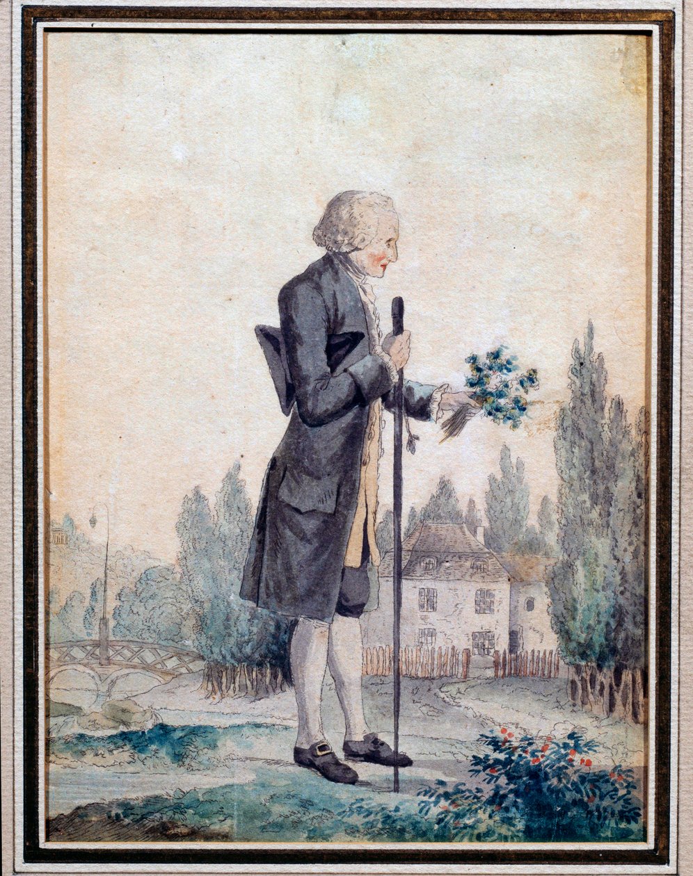 تمثيل للفيلسوف جان جاك روسو (1712-1778) يقطف الزهور في إرمينونفيل. لوحة مائية من القرن الثامن عشر. باريس ، متحف كارنافالي بواسطة فنان غير معروف