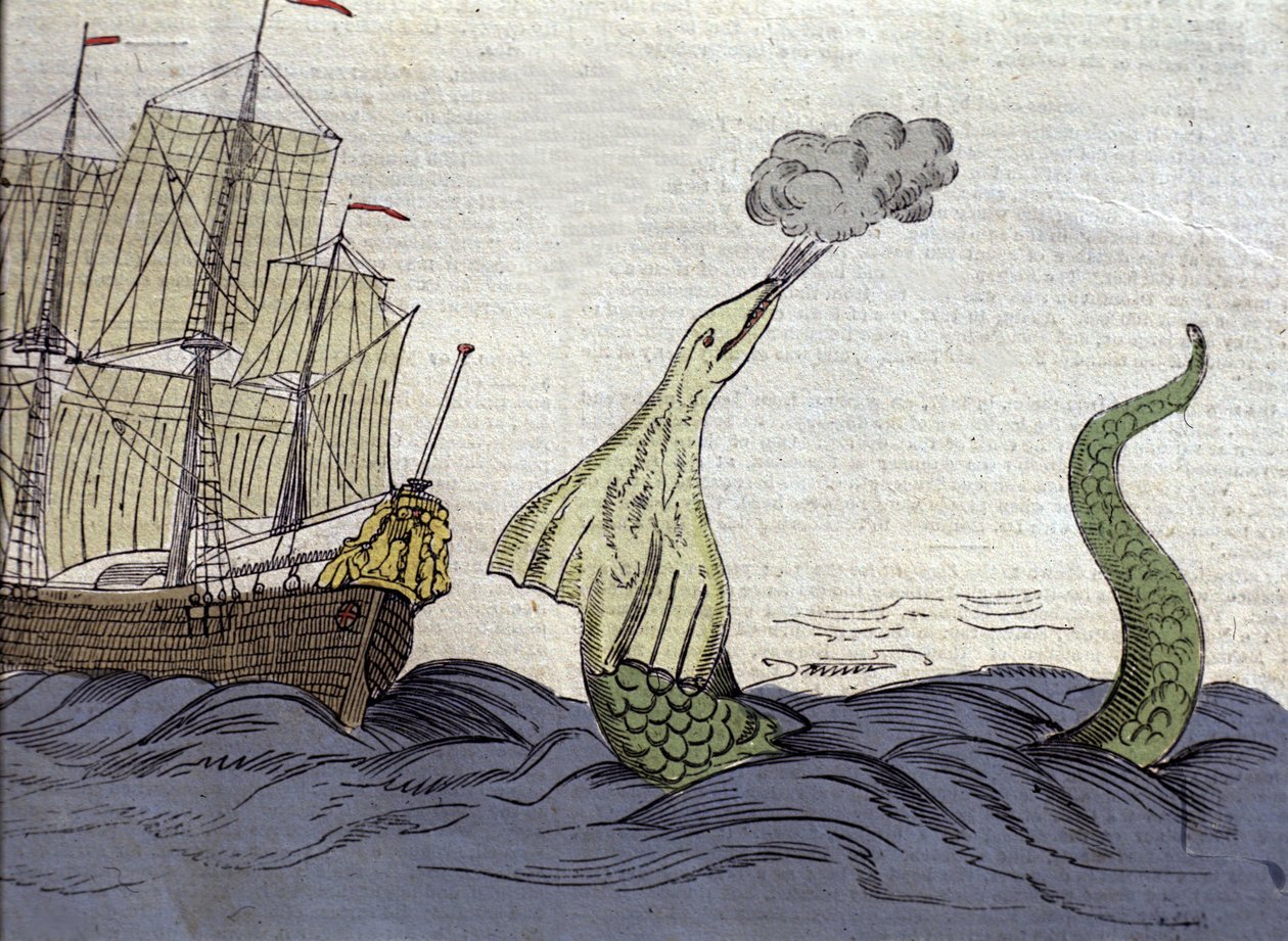 تمثيل لثعبان البحر شاهده المبشر النرويجي هانز إيجي (1686-1758) أثناء رحلته إلى جرينلاند. نقش القرن الثامن عشر بواسطة فنان غير معروف