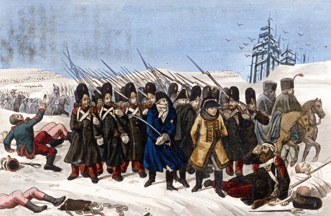 انسحب من الجيش الفرنسي لموسكو عام 1812. نقش القرن التاسع عشر. بواسطة فنان غير معروف