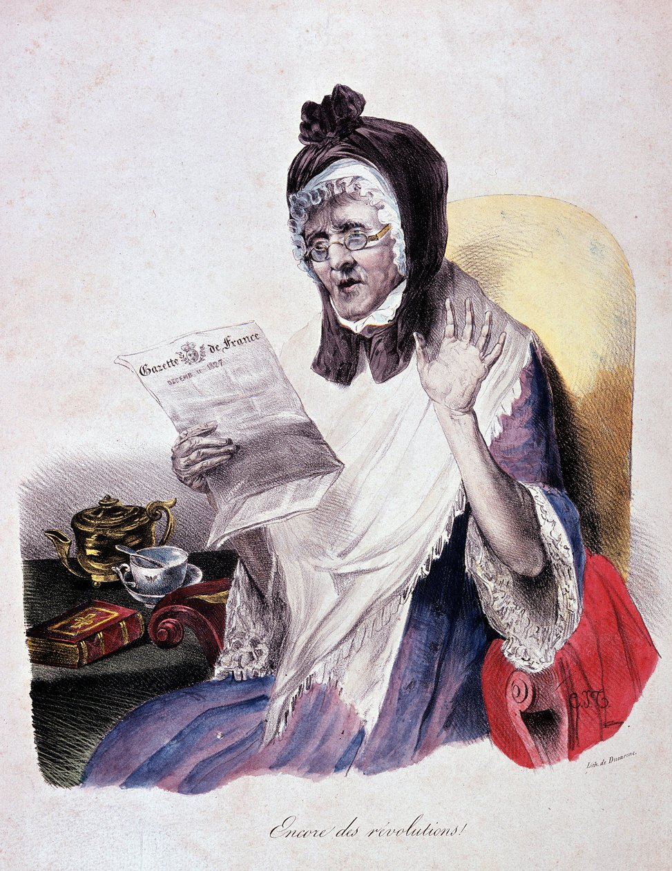 ثورة 1830: "Encore des revolutions" تصرخ امرأة عجوز تقرأ جريدة Gazette de France - نقش بواسطة فنان غير معروف