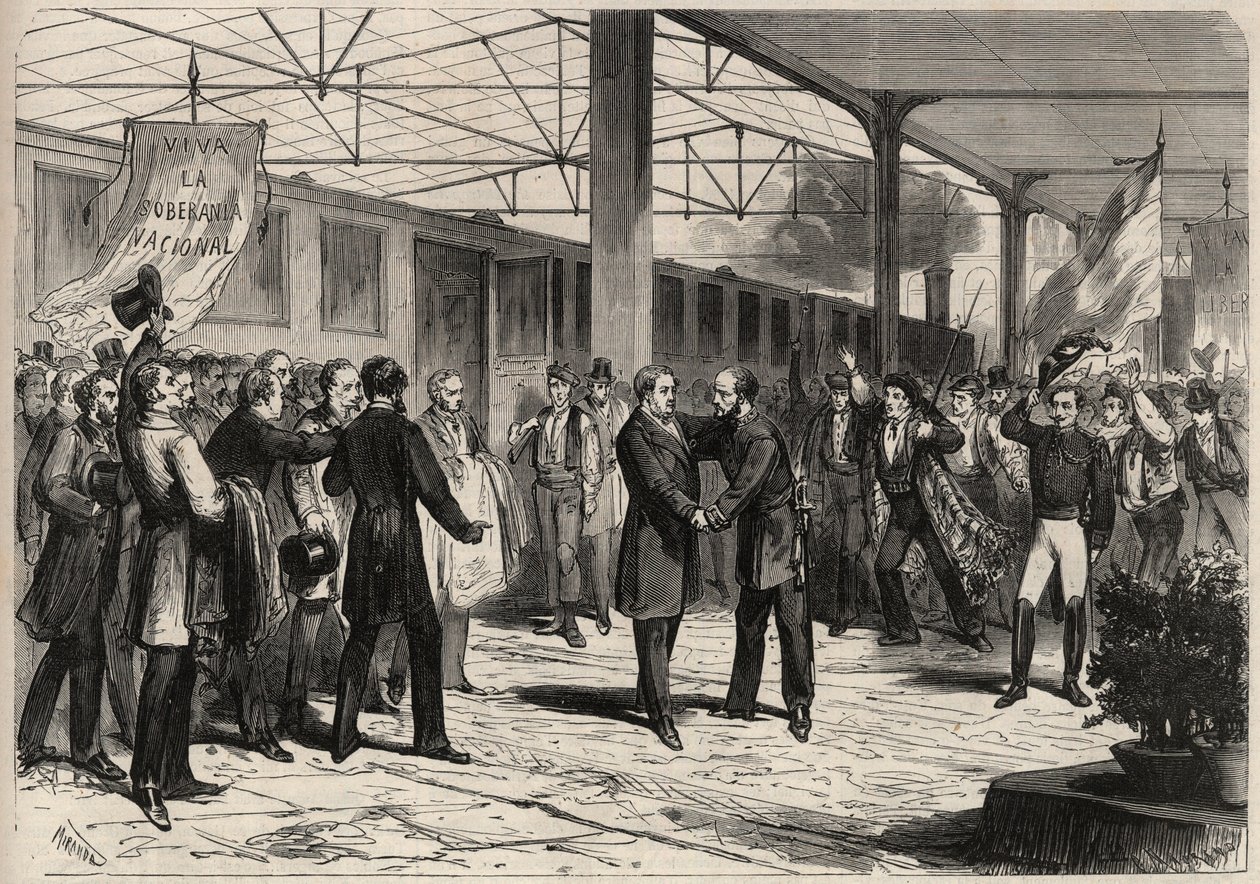 ثورة سبتمبر 1868 في إسبانيا (جلوريوزا): يصل من سالوستيانو أولوزاجا (1805-1873) في مدريد. نقش في "" L'Univers اللامع "" بواسطة فنان غير معروف