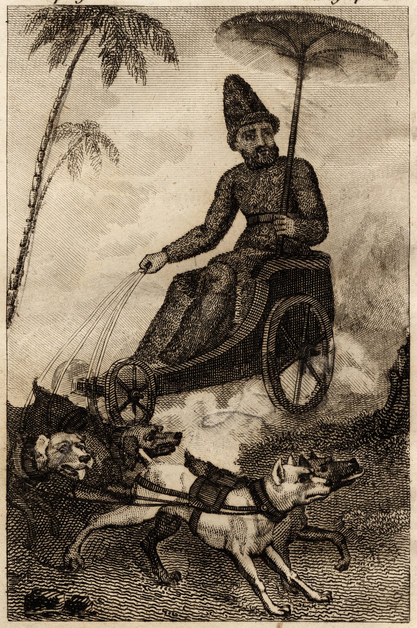 روبنسون كروزو في عربة تدريبه بواسطة ستة من الكلاب ، تم إدخال نقش في "Les aventures de Robinson Crusoe" بقلم دانيال ديفو بواسطة فنان غير معروف