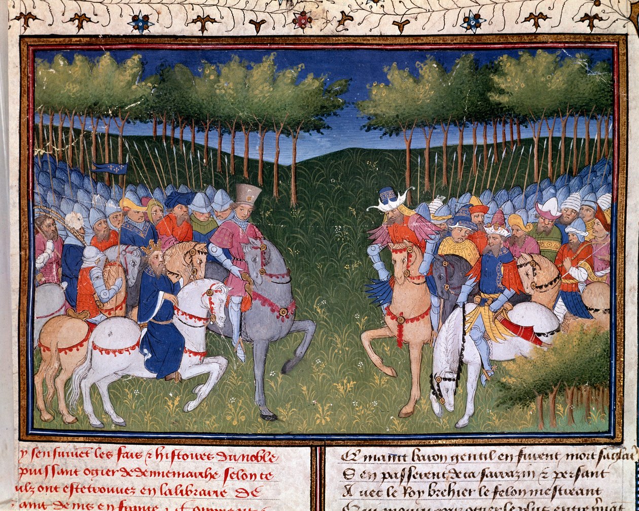 رومان من تأليف أوجييه الدنماركي: القتال بين فرسان مصغرين من "" تاريخ برتراند دو جويسلين "" (Ms 490) 1405 Musee Conde، Chantilly بواسطة فنان غير معروف