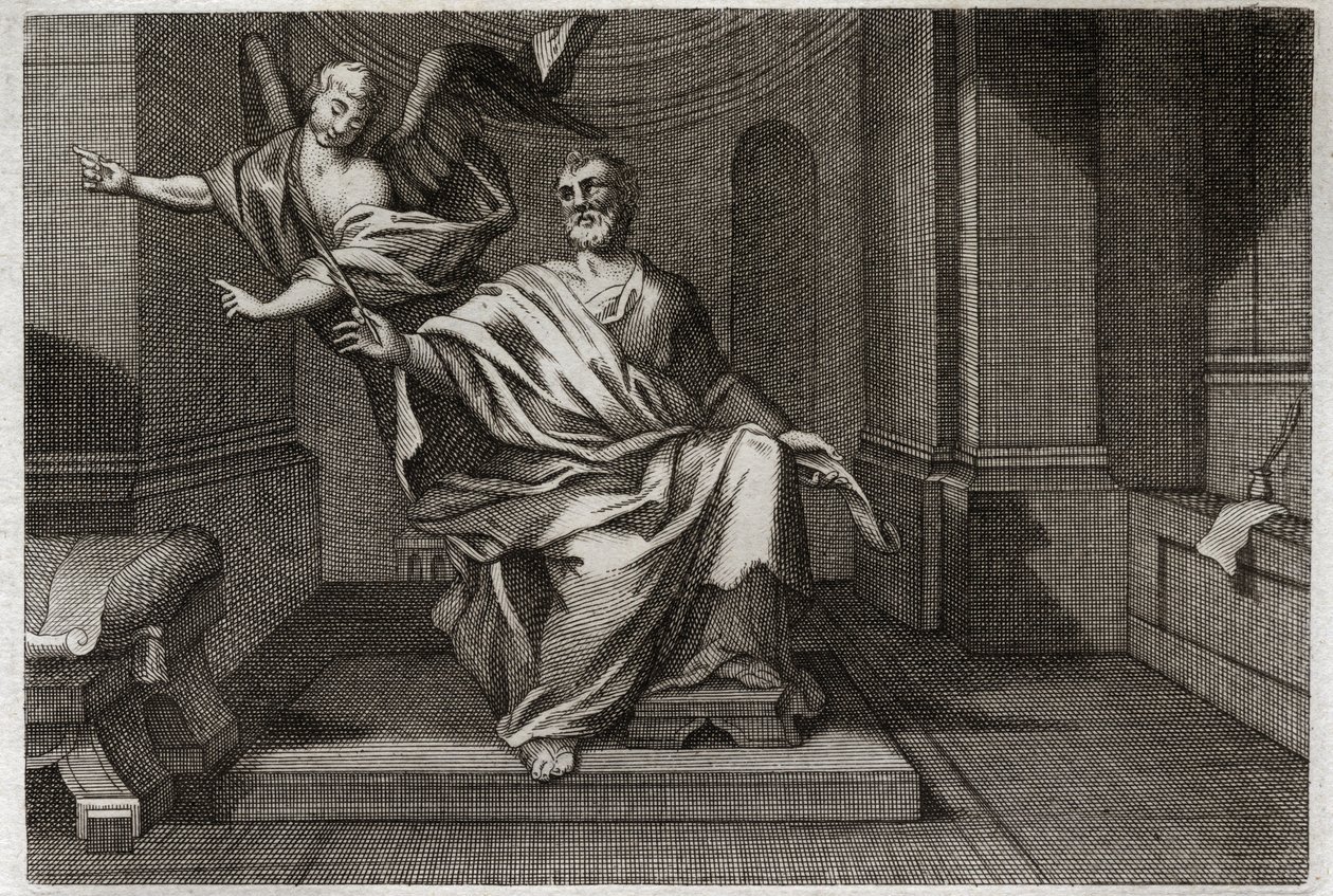الكتاب المقدس Royaumont ، العهد الجديد: القديس الإنجيلي ماثيو مع الملاك. رسم توضيحي من عام 1811. بواسطة فنان غير معروف