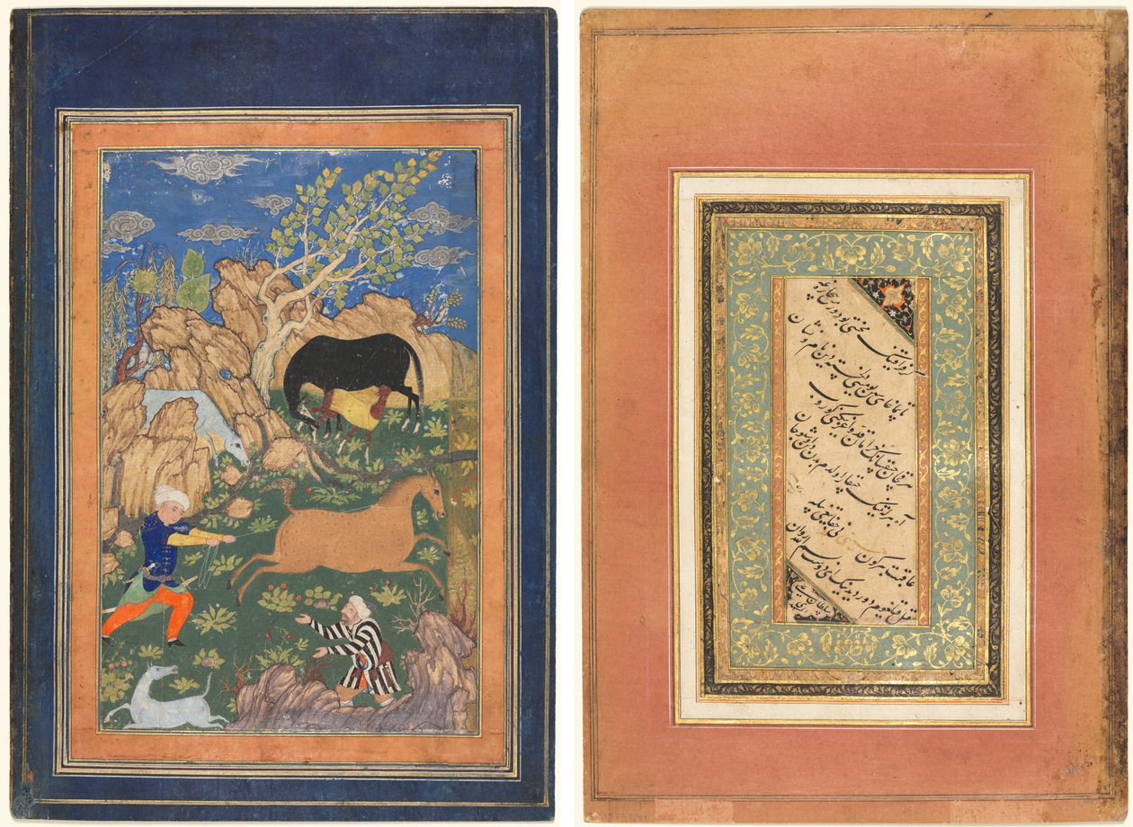 رستم لاسوينج حصانه ، رخش ، في منظر طبيعي (وجه الصفحة) ؛ الخط ، آيات فارسية (ظهر) بواسطة فنان غير معروف