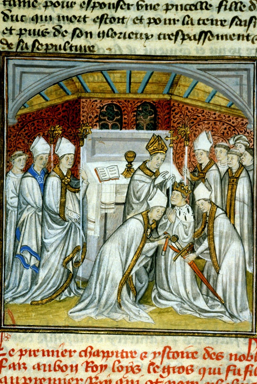 Sacre of Louis VI (1108) - زخرفة مخطوطة على Velin من العصور الوسطى "" Great Chronicles of Saint-Denis "" أواخر القرن الرابع عشر (المرجع 512 بواسطة فنان غير معروف
