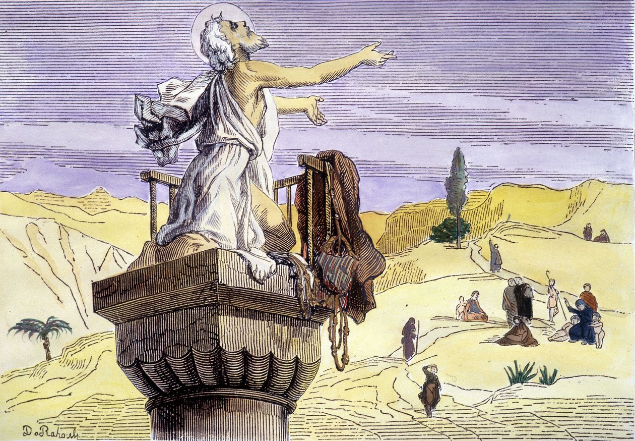 القديس سمعان العمودي يكرز على عمود. بواسطة فنان غير معروف
