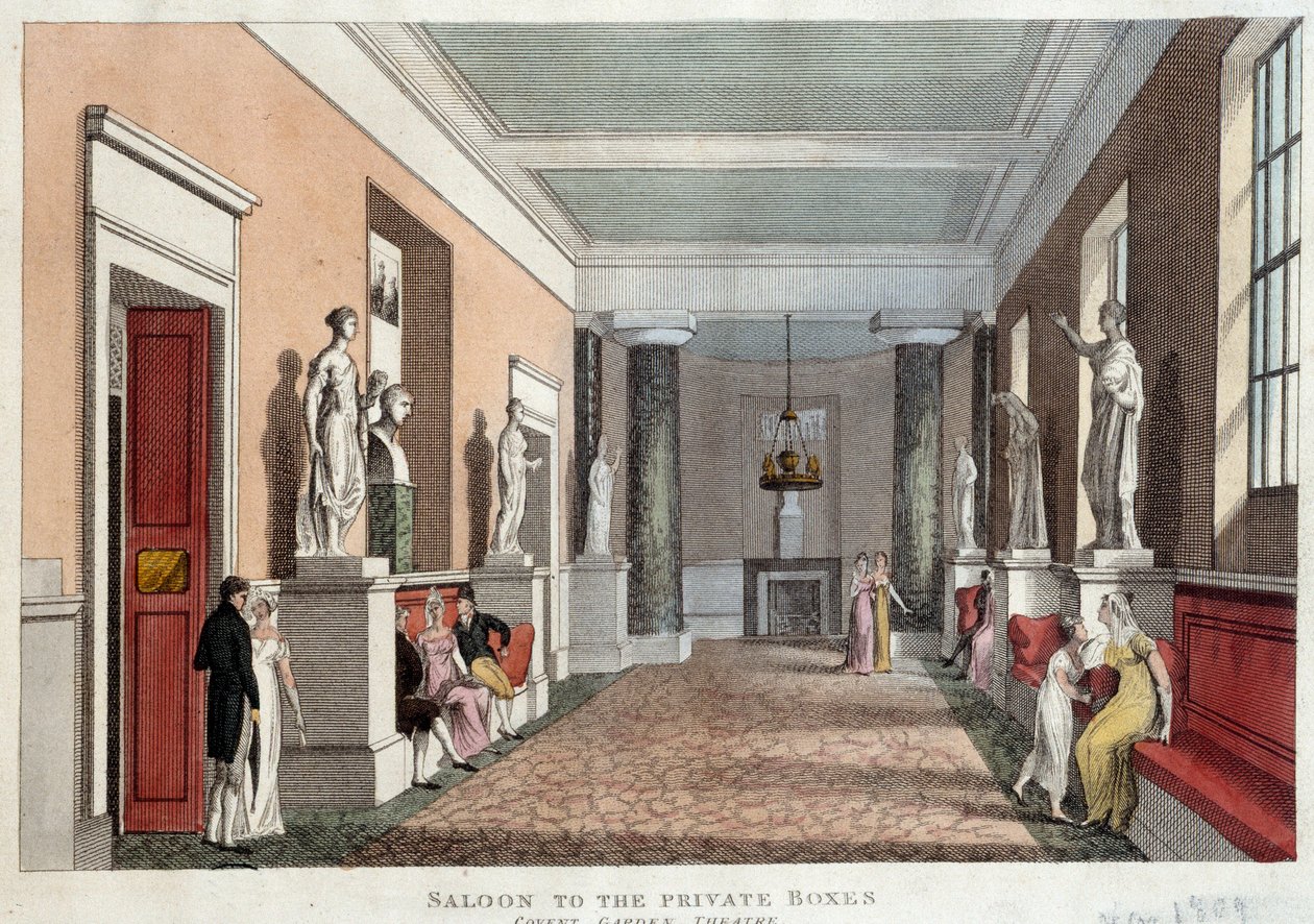 Salon leading to the private lodges of the theater of Covent Garden. Engraving from 1809. Paris, Decorative Arts بواسطة فنان غير معروف