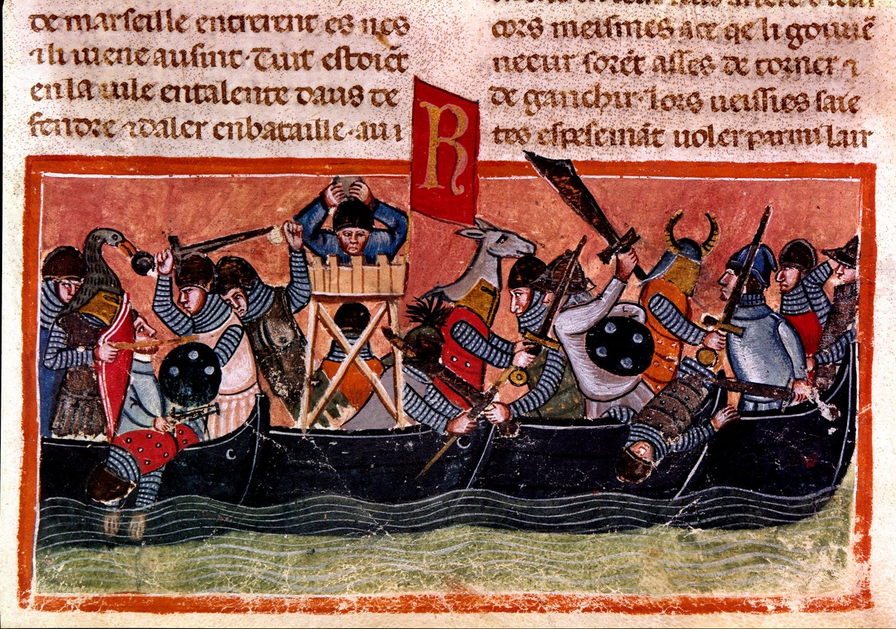 Scene of naval battle Miniature from a French codex on parchment “Facts of the Romans”” recounting the ancient history up to Jules Cesar (101 BC-44 BC). 13th century Venice, biblioteca Marciana بواسطة فنان غير معروف
