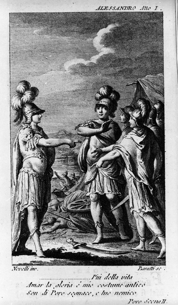 مشهد من الفصل الأول من "Alexandre aux Indies" (Alessandro nelle Indie) ، أوبرا للملحن نيكولو فيتو بيتشيني (أو Piccini) (1728-1800) (1758) بعد نص ليبريتو لبيترو ميتاستاسيو (ميتاستاس). نقش من نهاية القرن الثامن عشر بواسطة فنان غير معروف