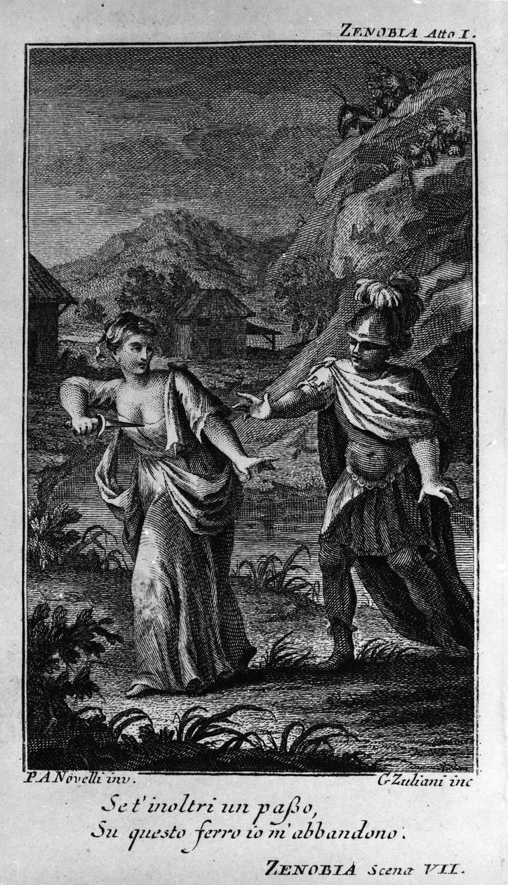 مشهد من الفصل الأول من "Zenobia" (Zenobie) ، أوبرا للمؤلف الموسيقي Niccolo Vito Piccinni (أو Piccini) (1728-1800) (1756) بعد نص لبيريتو من قبل Pietro Metastasio (Metastase). نقش من نهاية القرن الثامن عشر بواسطة فنان غير معروف