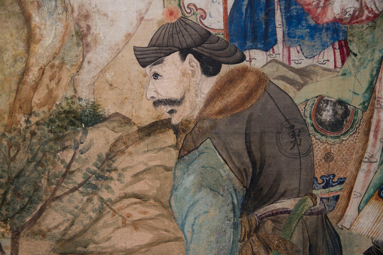 Scenes of everyday life in China, detail of the Chinese wallpaper, Chinese cabinet, Hunting residence, by Filippo Juvarra (1678-1736), Stupinigi, Piedmont, Italy بواسطة فنان غير معروف