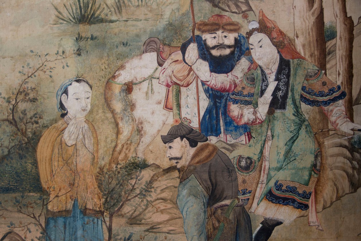 Scenes of everyday life in China, detail of the Chinese wallpaper, Chinese cabinet, Hunting residence, by Filippo Juvarra (1678-1736), Stupinigi, Piedmont, Italy بواسطة فنان غير معروف
