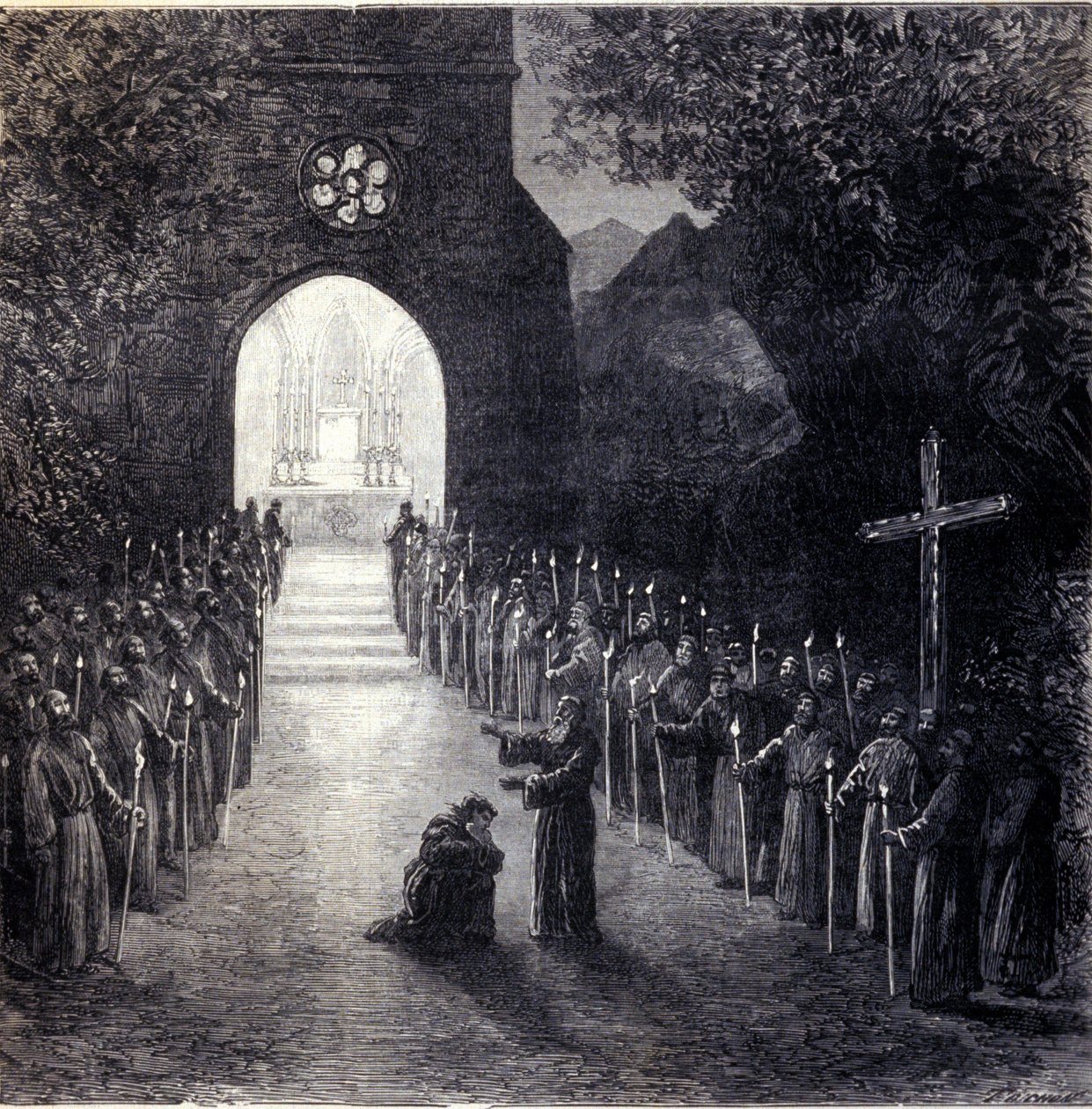 سينوغرافيا المشهد الأخير من الفصل الثاني لأوبرا "La forza del destino" (قوة القدر) للملحن الإيطالي جوزيبي فيردي (1813-1901) للأداء في أوبرا باريس بواسطة فنان غير معروف