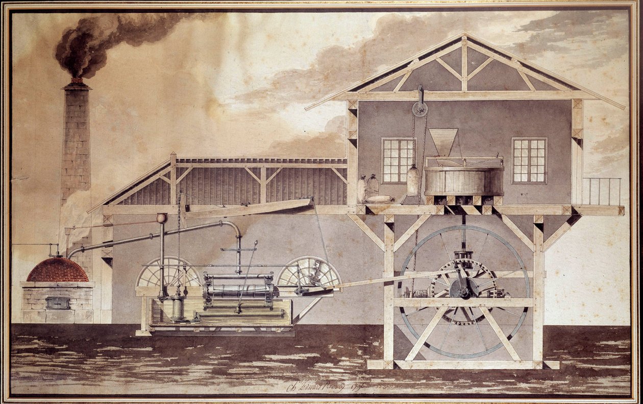 العلم والتكنولوجيا: "" آلة بخارية تقطع مطحنة الدقيق "رسم بواسطة إدوارد بوري. 1796. باريس ، المعهد الوطني للفنون والمقاييس بواسطة فنان غير معروف