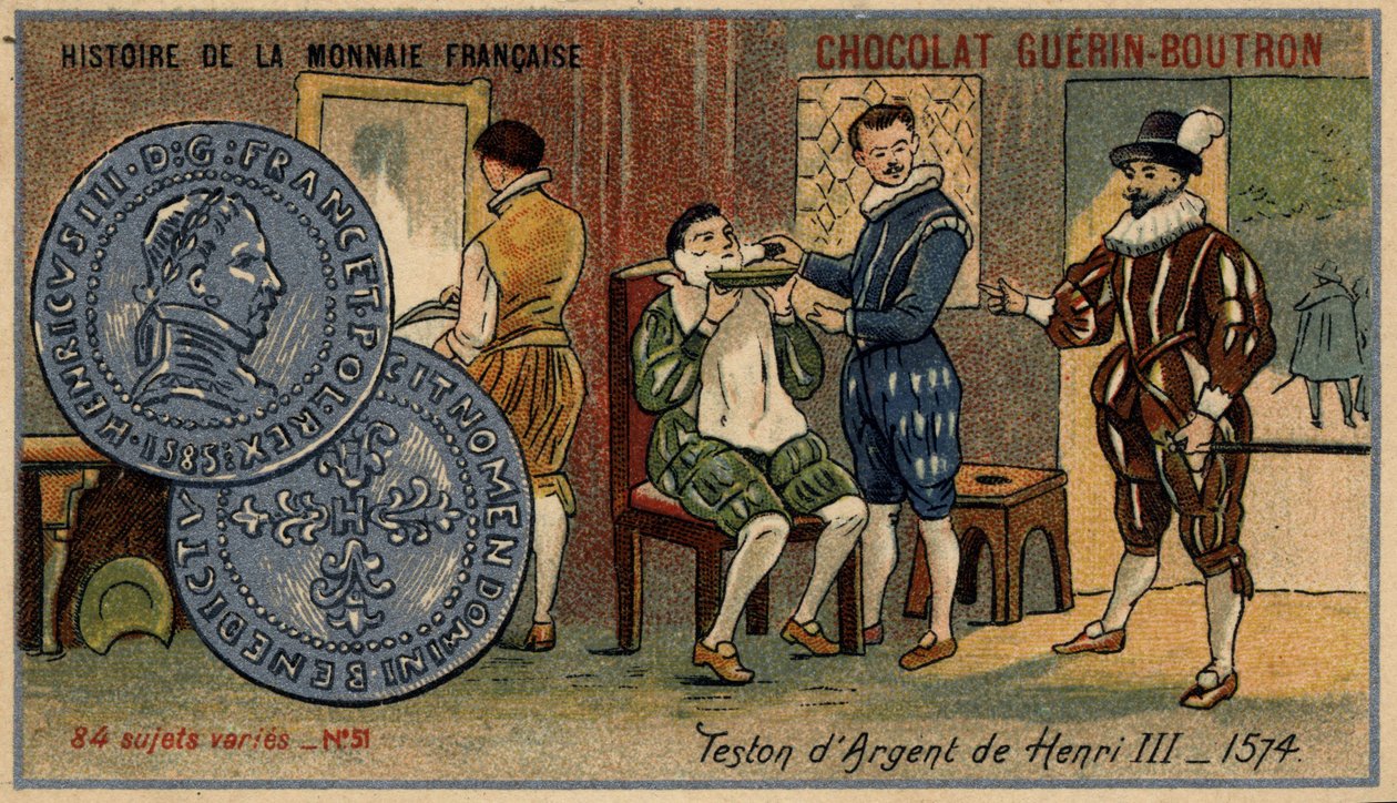 سلسلة تاريخ دار السك الفرنسية التي نشرتها Chocolat Guérin Boutron. الطباعة الحجرية الملونة في القرن التاسع عشر. تستون الفضة لهنري الثالث. 1574 بواسطة فنان غير معروف