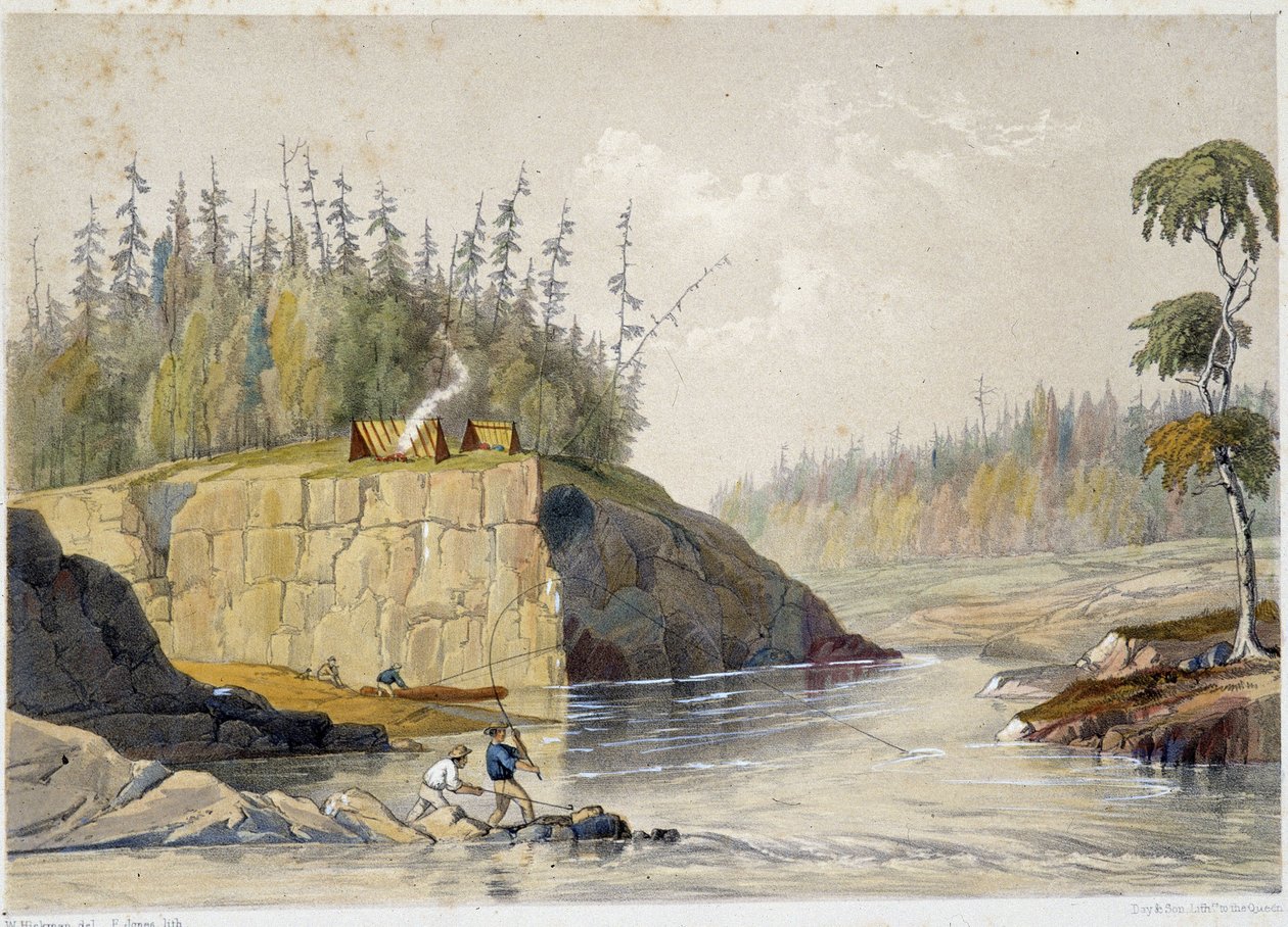 Settlers in Canada fishing in a river - in “” Sketches on the nipisaguit a river of New Brunswick in America”” by William Hickman, ed. Halifax بواسطة فنان غير معروف