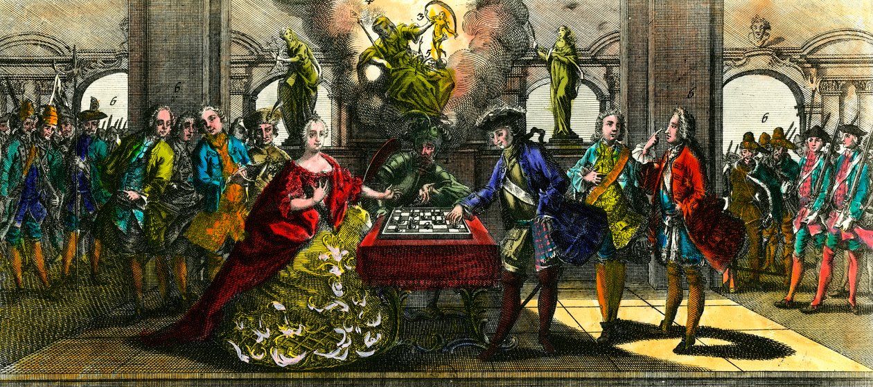 حرب سبع سنوات: قصة رمزية تمثل ماري تيريز من النمسا (1717-1780) وفريدريك من بروسيا (1712-1786) يلعبان الشطرنج. نقش مجموعة خاصة من القرن الثامن عشر بواسطة فنان غير معروف