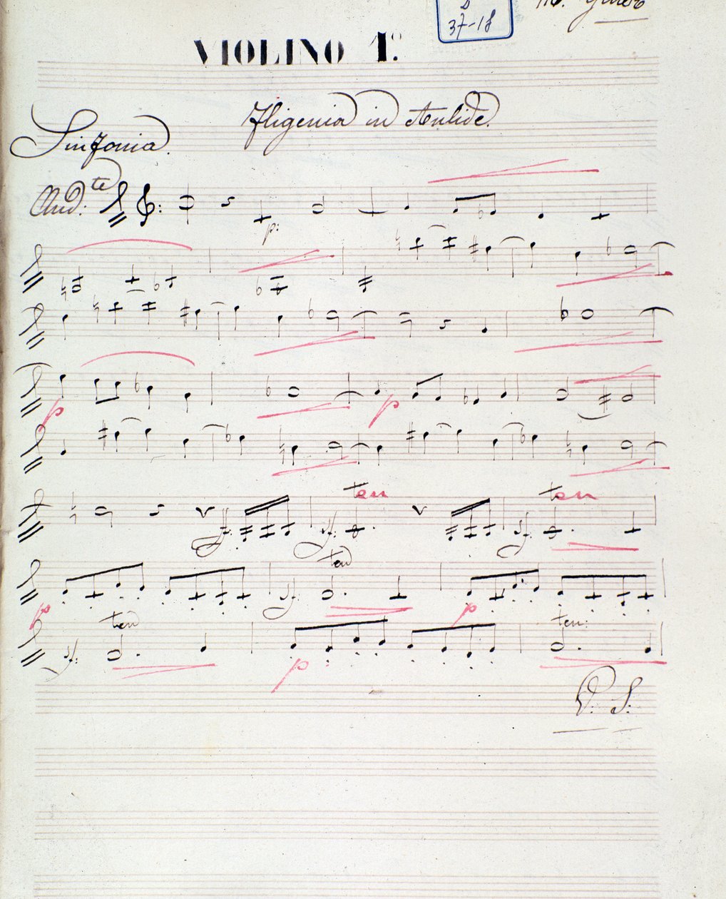صفحة الموسيقى ورقة للكمان الأول من Iphigenie en Aulide ، أوبرا من قبل C.W. Gluck ، c.1774 بواسطة فنان غير معروف