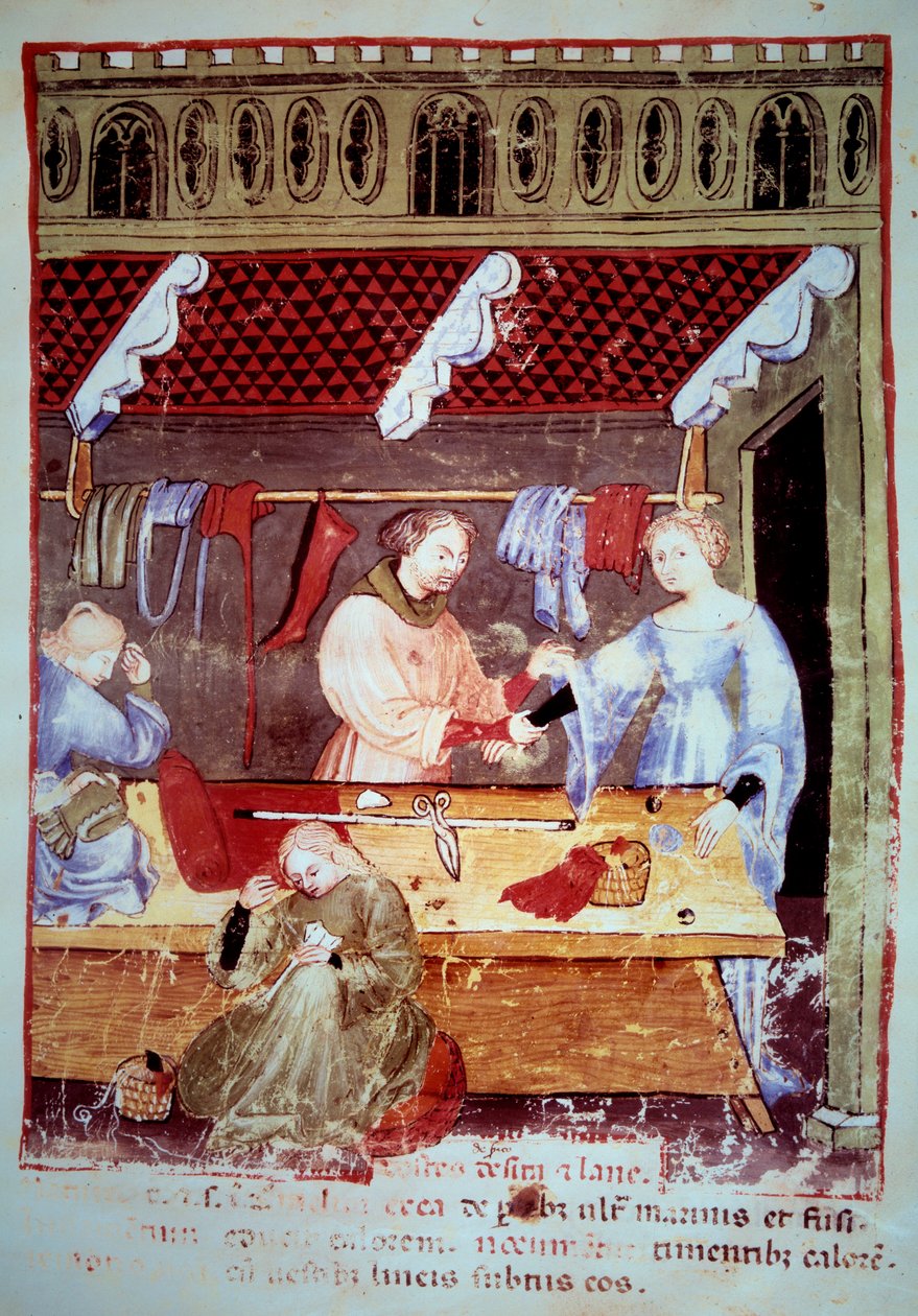 Shop and sewing workshop. Illumination from the milking of medicine and dietetics “” Tacuinum sanitatis”” بواسطة فنان غير معروف