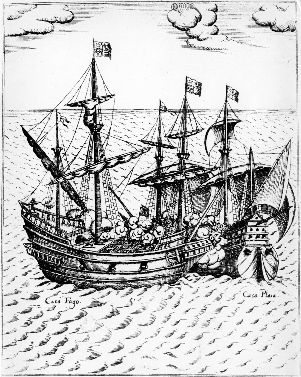 استولى السير فرانسيس دريك "جولدن هين" (1540-1596) على السفينة الإسبانية "نويسترا سينورا دي كونسيبشن" ، المعروفة باسم "كاكافويغو" في عام 1579 ، قبالة الإكوادور. نقش القرن السادس عشر. بواسطة فنان غير معروف
