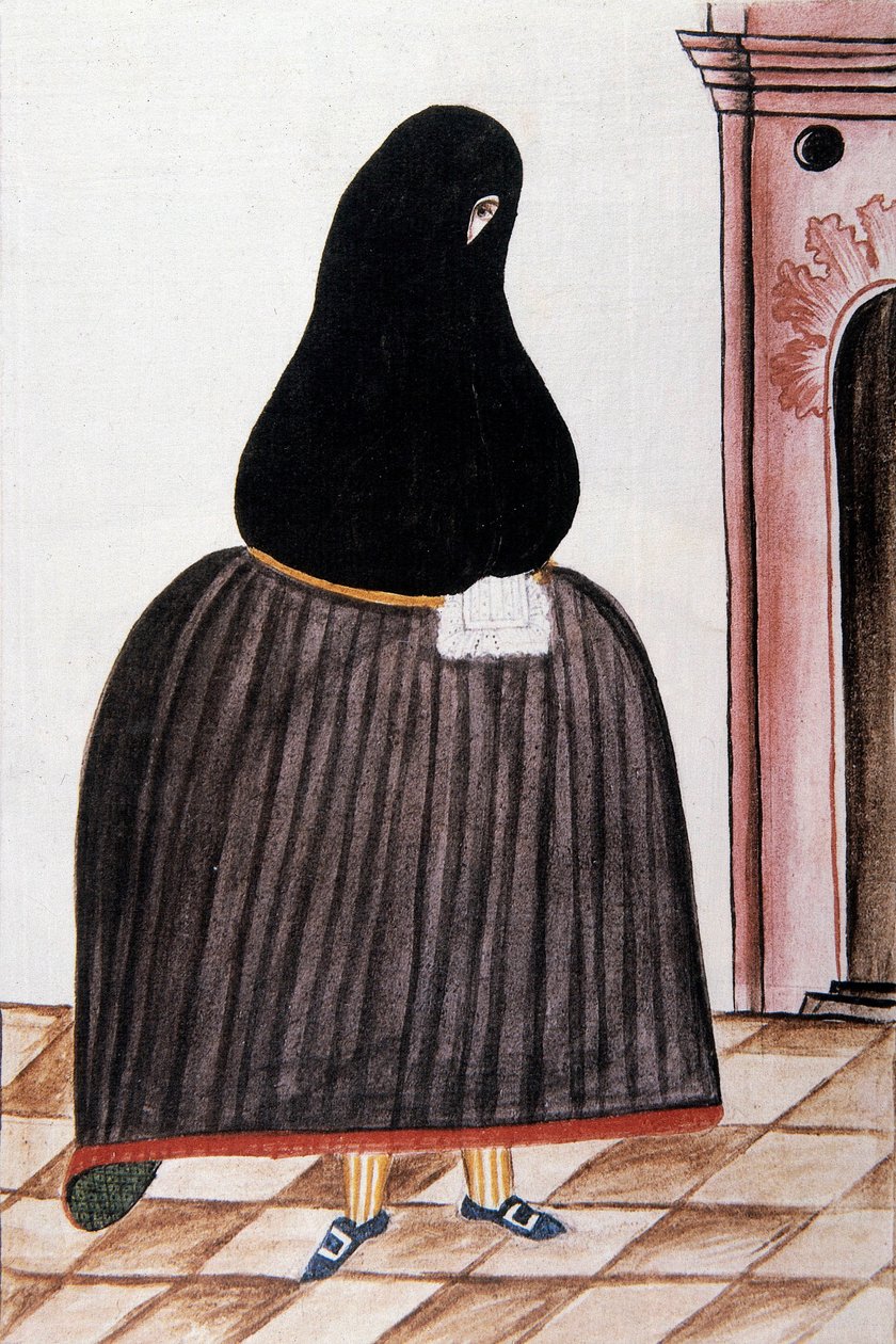 امرأة إسبانية ترتدي الصخر الزيتي تغطي وجهها ، من "Trujillo del Peru" أو "Códice Martínez Compañón" ، بقلم بالتازار مارتينيز كومبانيون إي بوجاندا ، أسقف تروخيو (1782-1785) بواسطة فنان غير معروف