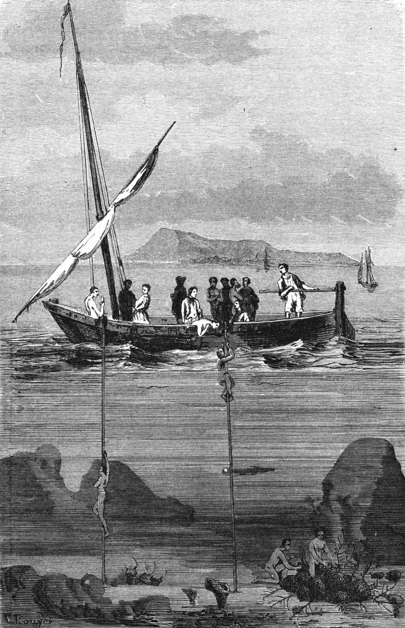 صيد الإسفنج على طول الساحل السوري: ينزل الغواصون لالتقاط الإسفنج باليد. نقش القرن التاسع عشر بواسطة فنان غير معروف