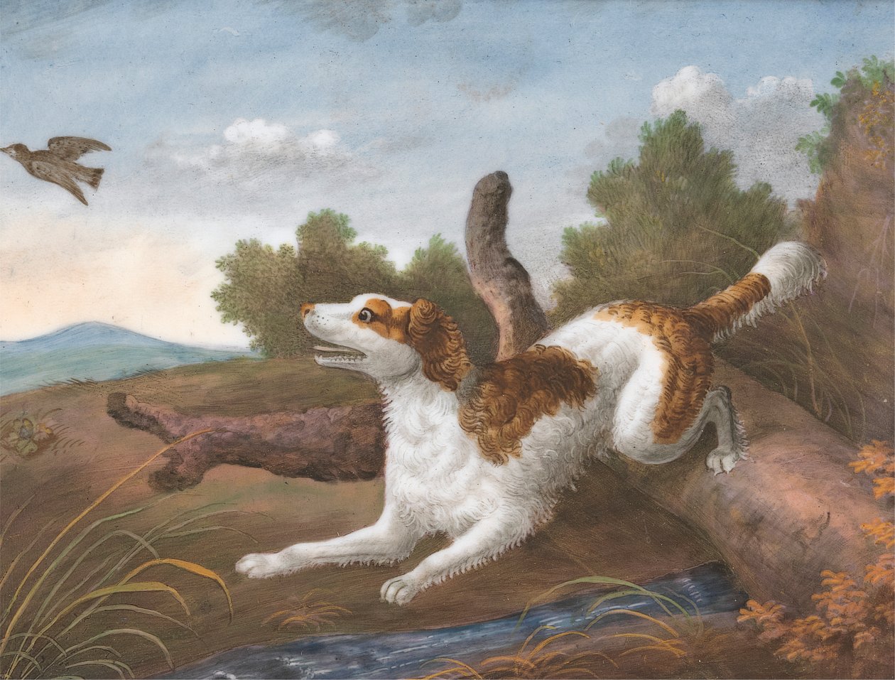 Springer: Spaniel Bounding Over a Log to Spring a Snipe على اليسار بواسطة فنان غير معروف