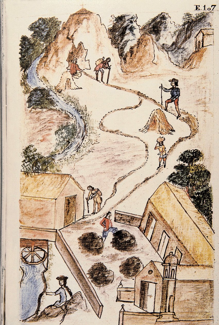 مراحل إنتاج المعدن من المناجم إلى الأحمال ، من كتاب "Trujillo del Peru" أو "Códice Martínez Compañón" ، بقلم بالتازار مارتينيز كومبانيون إي بوجاندا ، أسقف تروخيو (1782-1785) بواسطة فنان غير معروف