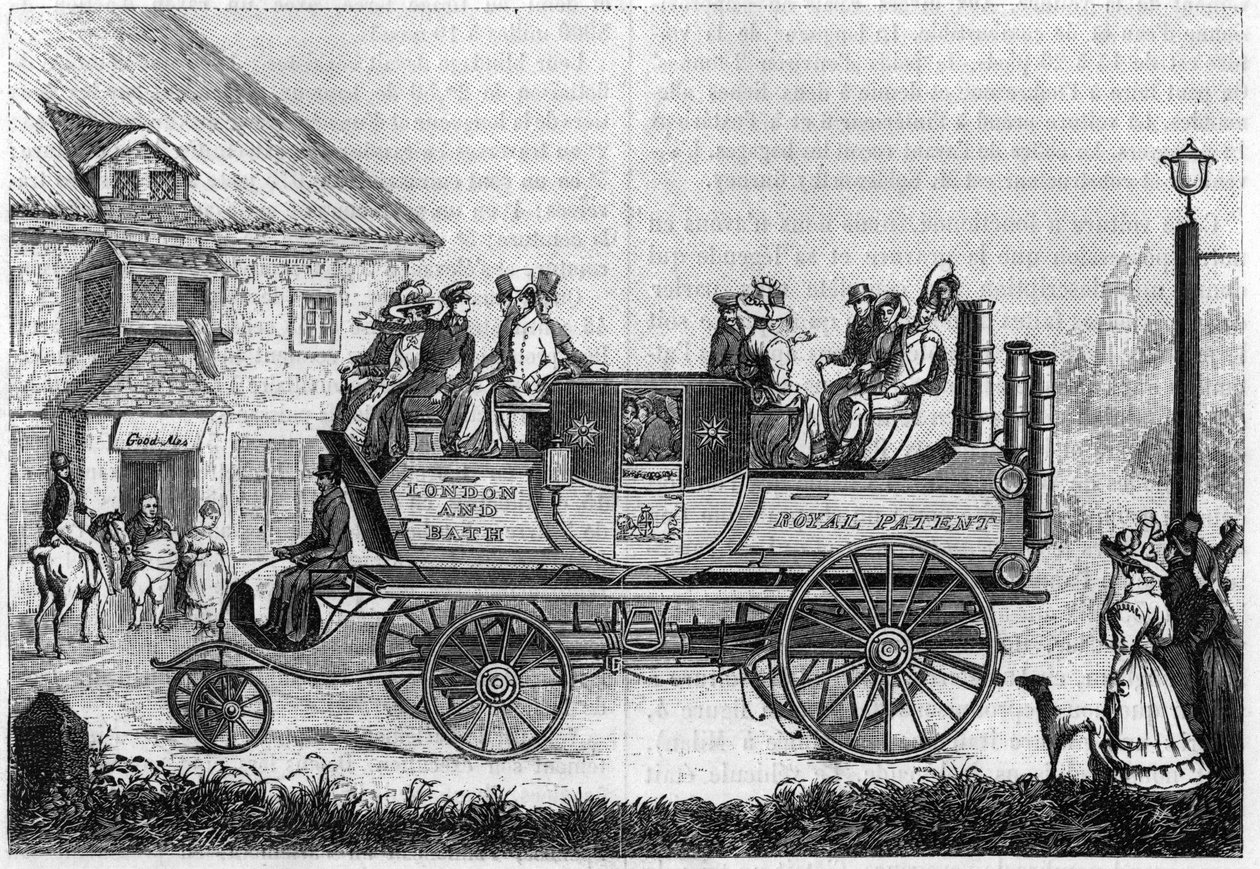 جربت سيارة بخارية من Gurney (Gurney Goldsworthy) في لندن عام 1827. بواسطة فنان غير معروف