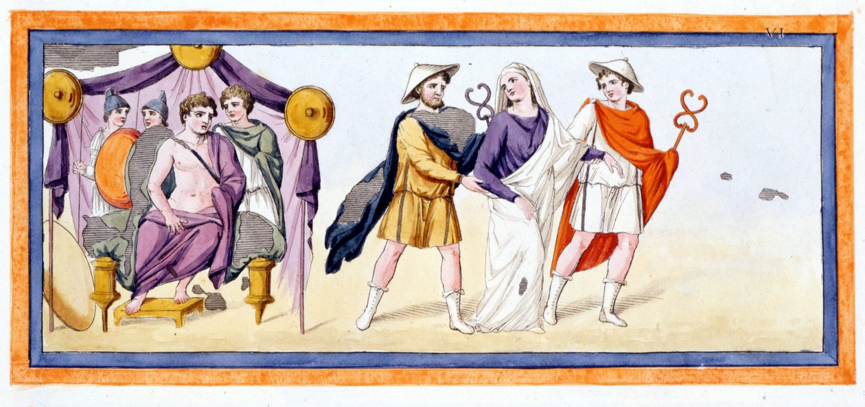 يأخذ Talthybios و Eurybates العذراء Briseis قبل Achilles ، الذي يقف في خيمة Myrmidones. الإلياذة Chant I ، آية ٣٤٥. نقش من نهاية القرن الثامن عشر. بواسطة فنان غير معروف