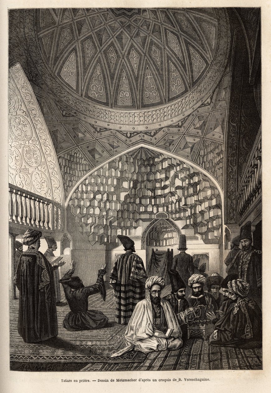 التتار في الصلاة ، في مسجد شوشا (عبر القوقاز ، روسيا). نقش لتوضيح الرحلة في مقاطعات القوقاز ، بقلم باسيلي فيريشاغوين ، في 1864-1865 ، نُشر في "" le tour du monde "، تحت إشراف D'Edouard Charton، Ha بواسطة فنان غير معروف