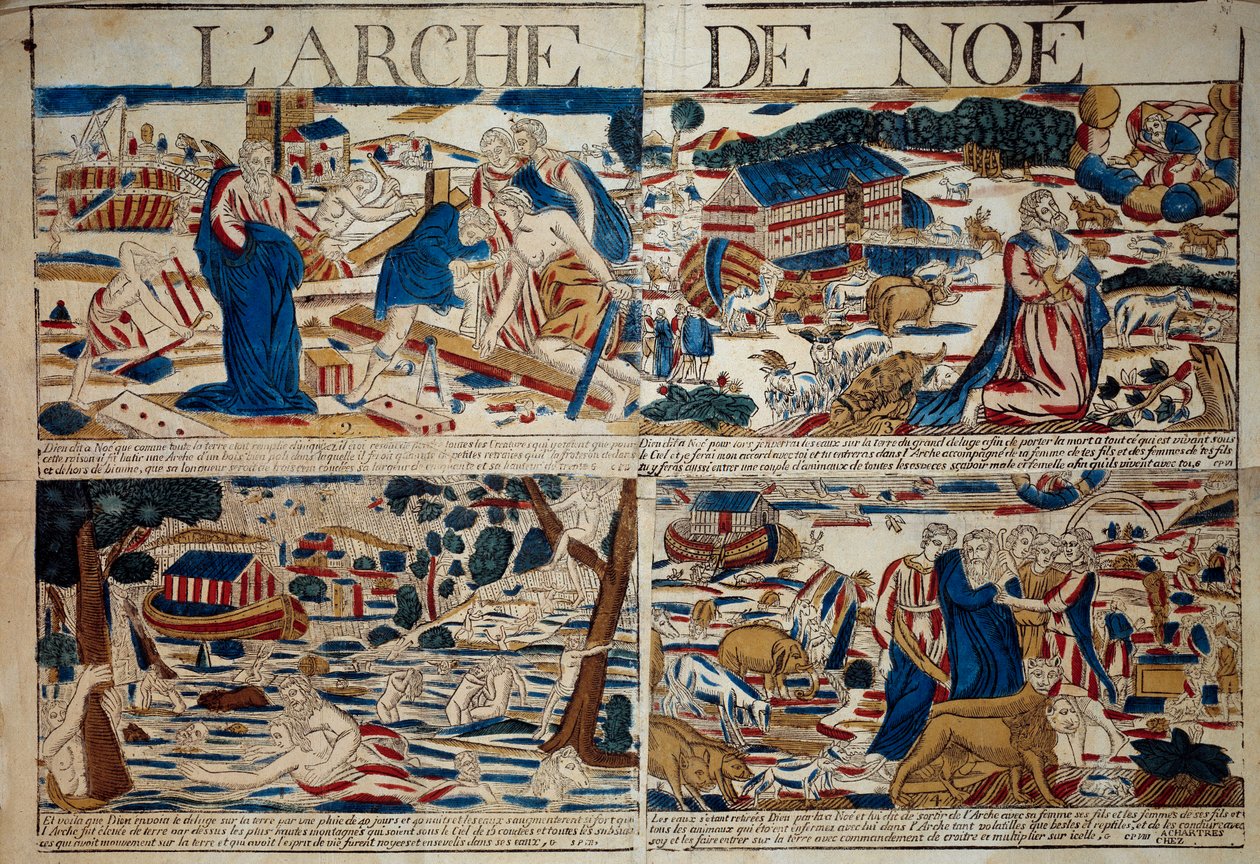 The Ark of Noe The construction of the ark, Noe receives the announcement of the Deluge, the Deluge, the animal species saved after the deluge”” Engraving of the 18th century Private Collection بواسطة فنان غير معروف